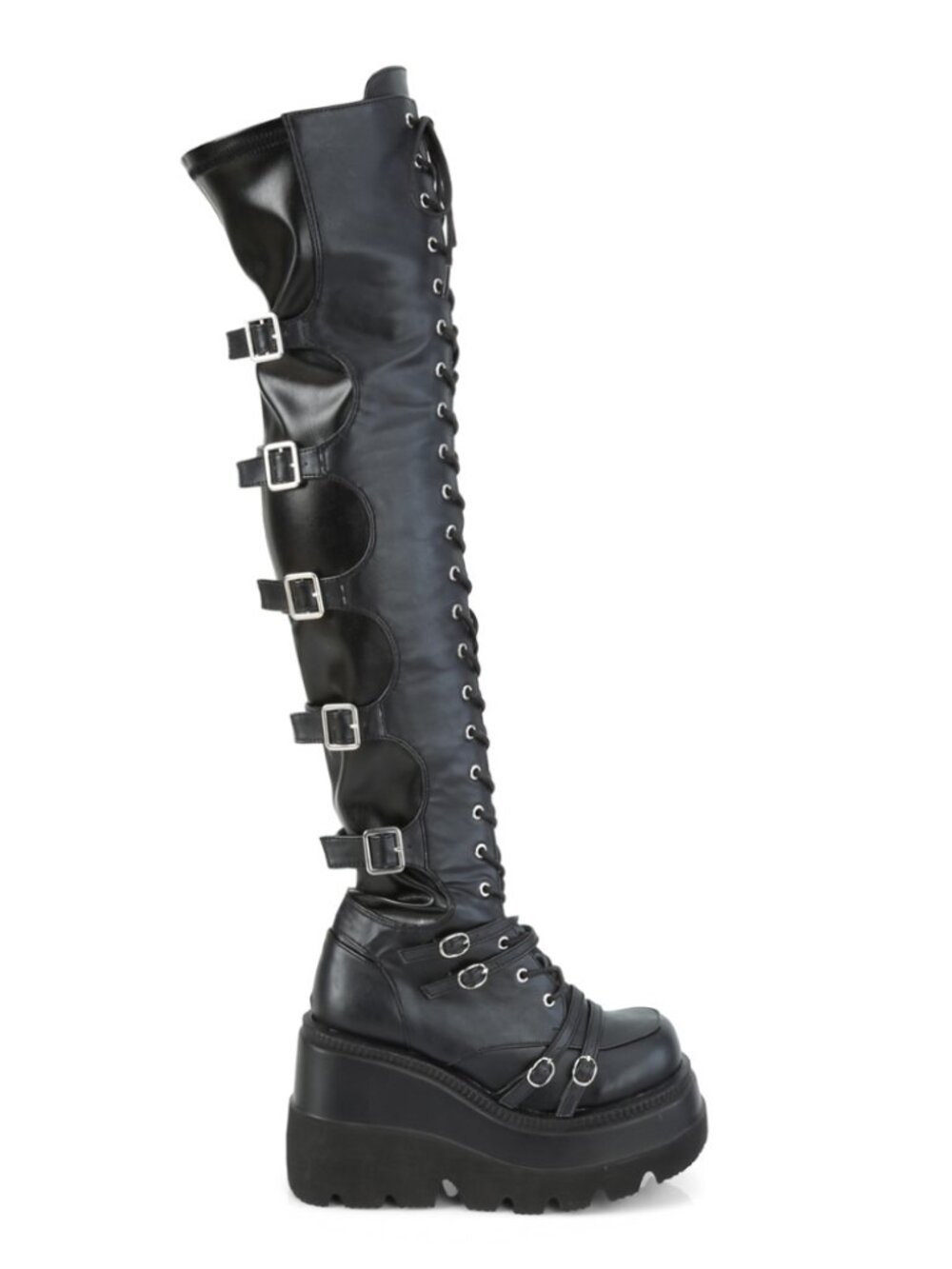 Over-The-Knee Boots with Front Buckle Straps, Back Stretch Lace Panel & Side Zip